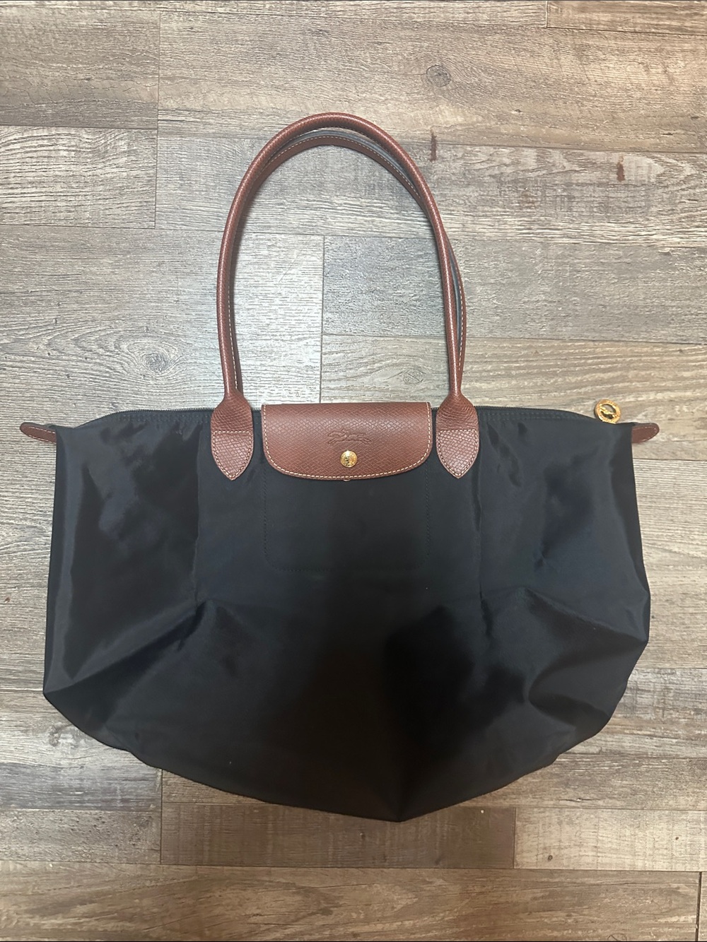 Longchamp Black Nylon Tote with Brown Leather Trim